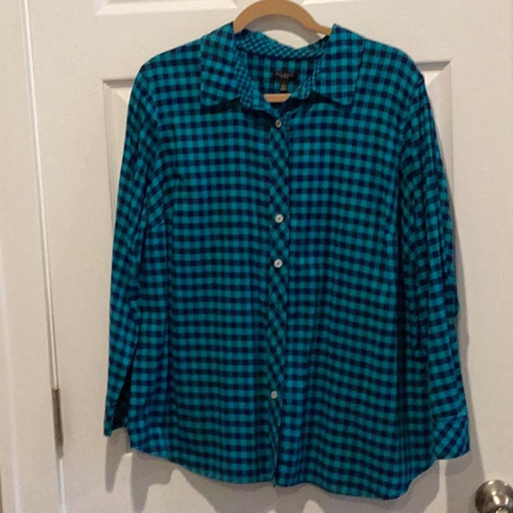 Talbots Teal and Black Checkered Shirt